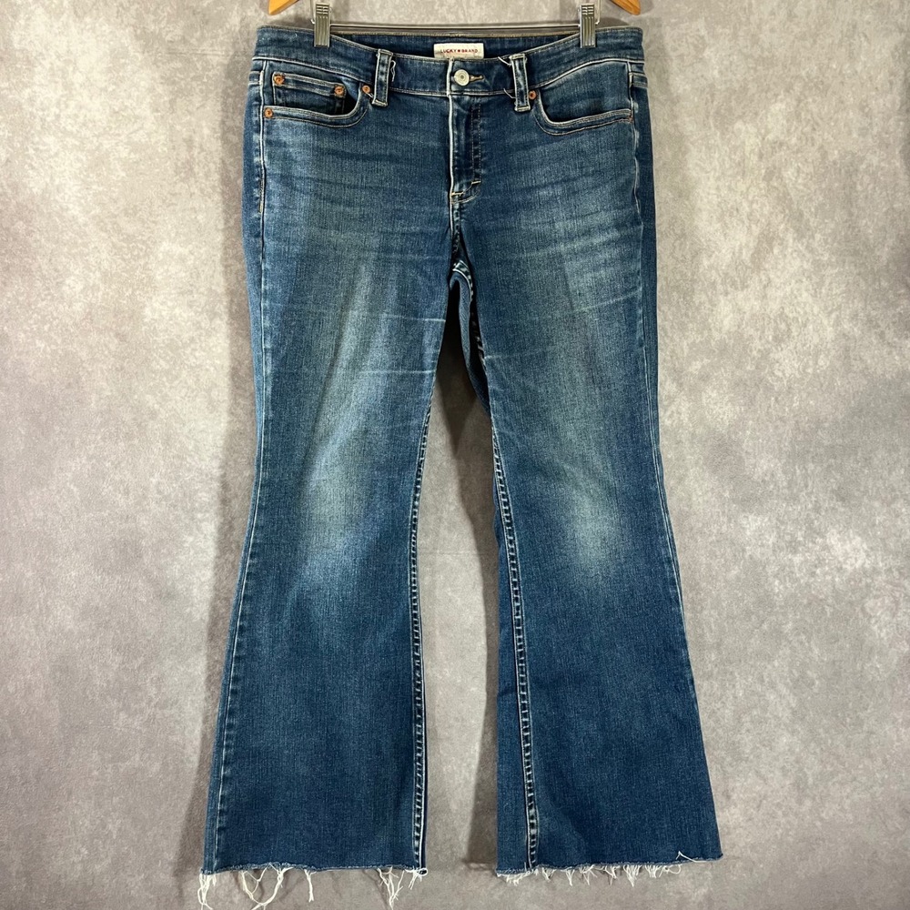 Lucky Brand Flare Jeans Women 14/32R Blue Low Rise Raw Hem Denim Casual